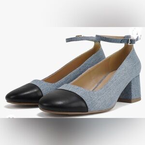 Denim & black Roxana Cap Toe Ankle Strap‎ Low Block Heel Pumps size 10 brand new